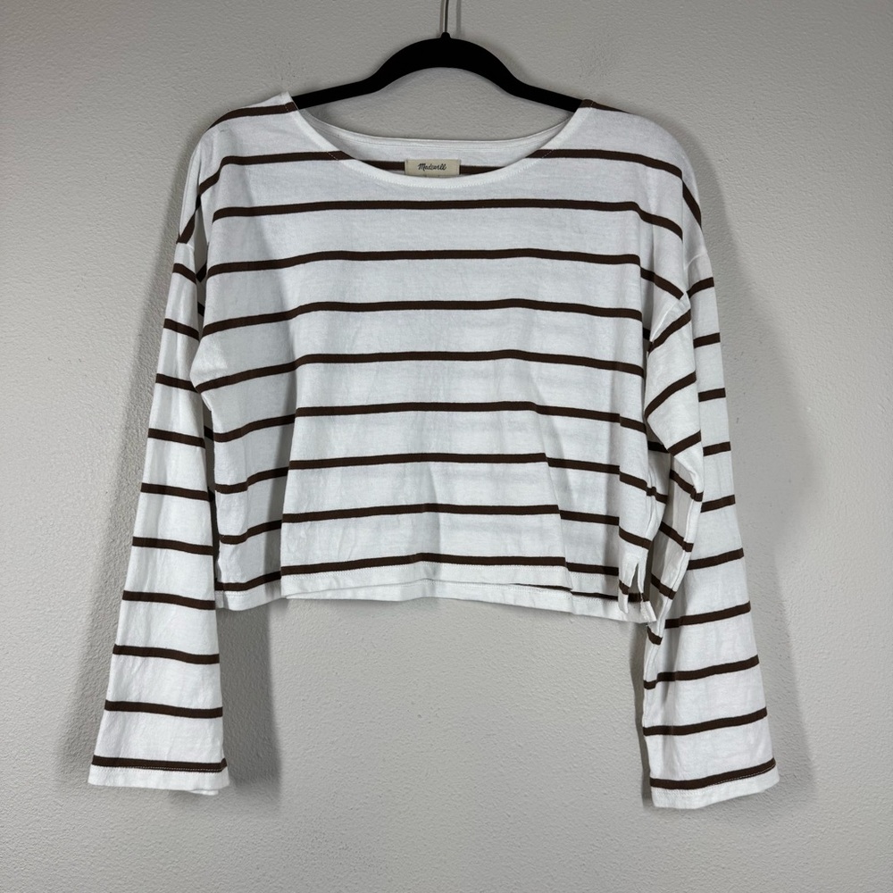 Madewell Striped SuperCrop Top Long Sleeve Shirt Brown White Preppy Medium